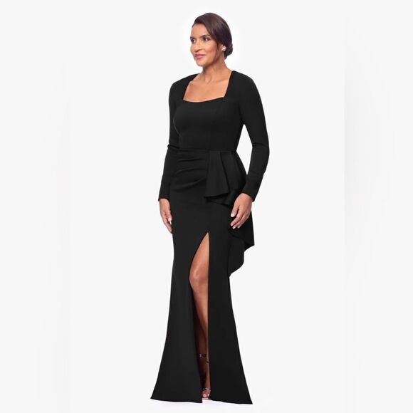 XSCAPE NWT “ADRIAN" LONG TECHNO SCUBA LONG SLEEVE RUFFLE DRESS size 14 in black - Picture 1 of 4